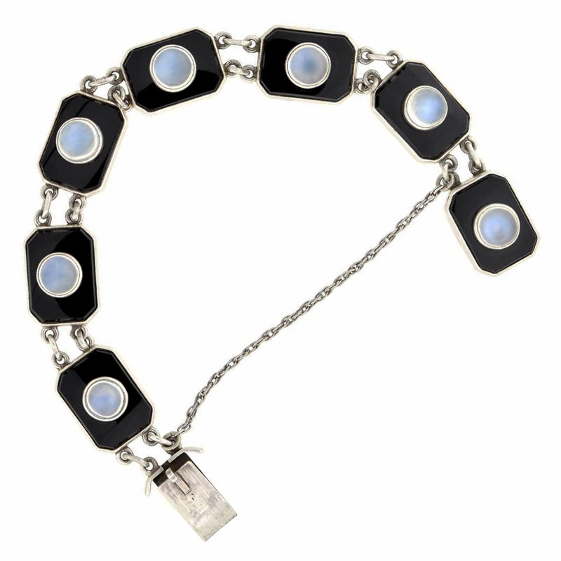 POTTER & MELLEN Art Deco Sterling Silver Onyx + Moonstone Link Bracelet
