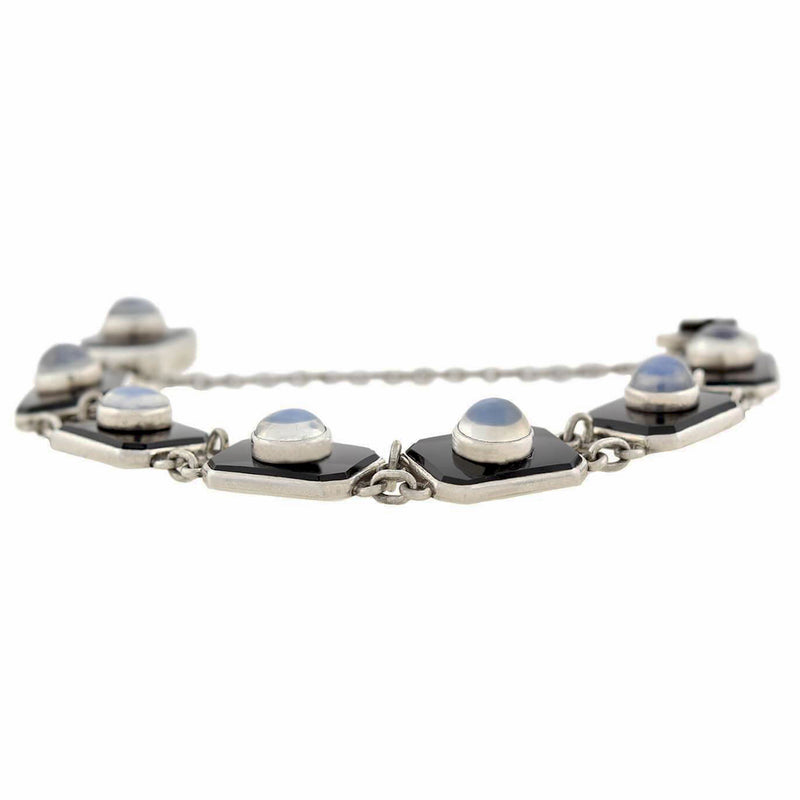 POTTER & MELLEN Art Deco Sterling Silver Onyx + Moonstone Link Bracelet