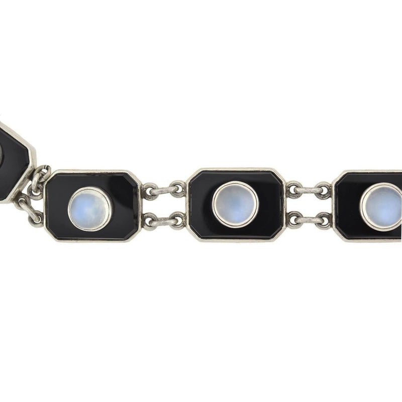 POTTER & MELLEN Art Deco Sterling Silver Onyx + Moonstone Link Bracelet