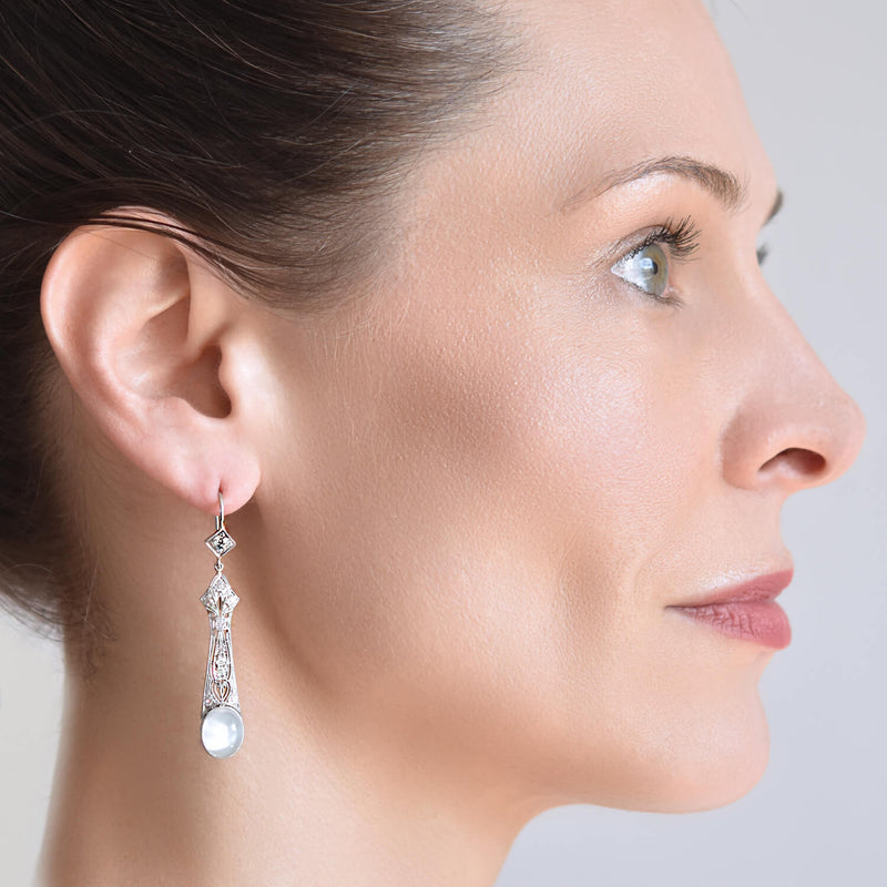 Art Deco Platinum Diamond + Moonstone Drop Earrings 1.10ctw