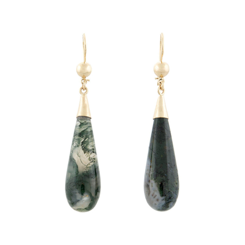 Victorian 14k + Moss Agate Teardrop Dangle Earrings