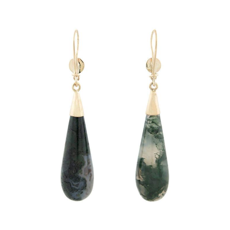 Victorian 14k + Moss Agate Teardrop Dangle Earrings
