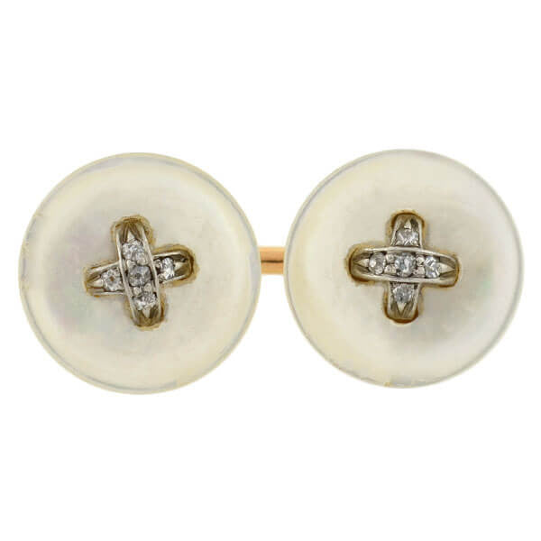 Victorian 14kt Mother of Pearl Diamond Button Cufflinks