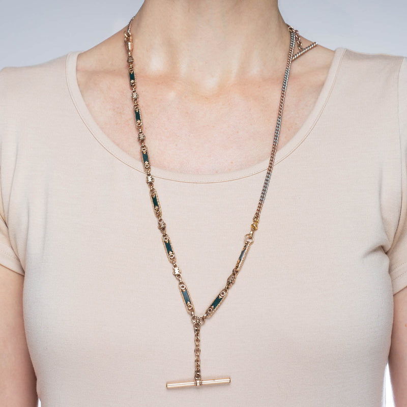 Victorian Gold-Filled Inlaid Bloodstone + Tri-Tone Watch Chain Compilation Necklace 28"