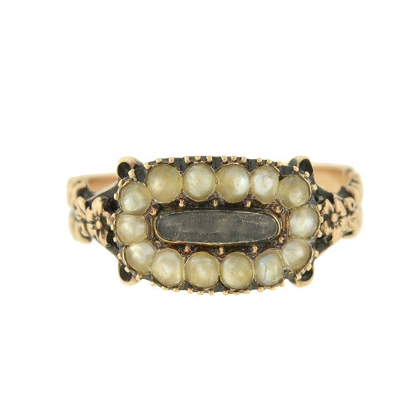 Georgian 14kt Natural Pearl & Glass Window Mourning Ring
