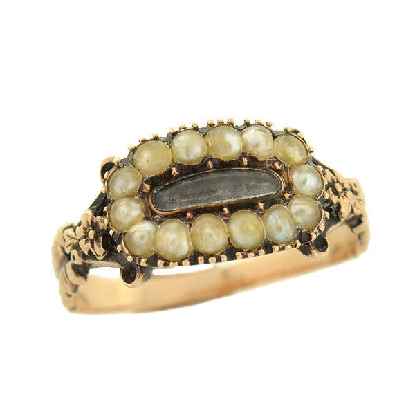 Georgian 14kt Natural Pearl & Glass Window Mourning Ring