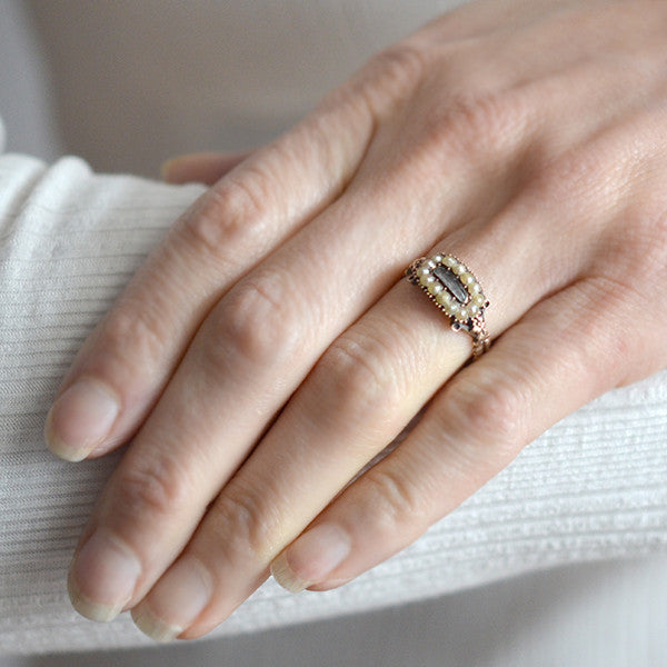 Georgian 14kt Natural Pearl & Glass Window Mourning Ring