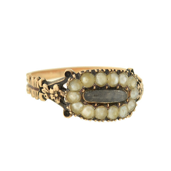 Georgian 14kt Natural Pearl & Glass Window Mourning Ring