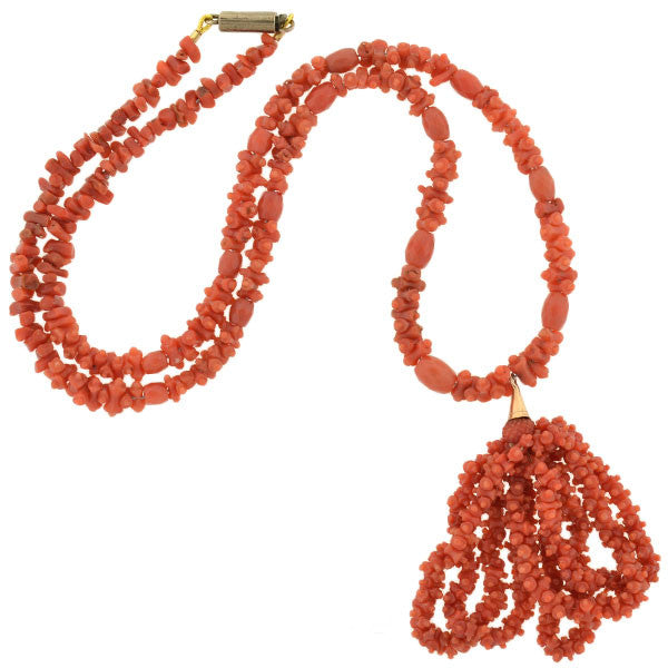 Victorian Natural Carved Coral Beaded Tassel Necklace