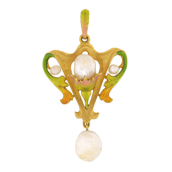 Art Nouveau 14kt Natural Pearl & Enamel Lavalier Pendant