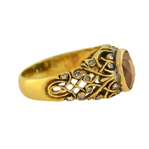 Art Nouveau Natural 18kt Zircon + Rose Cut Diamond Filigree Ring