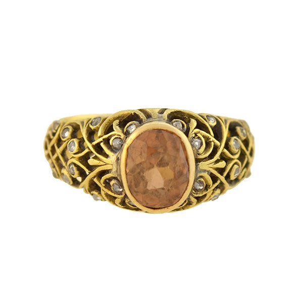 Art Nouveau Natural 18kt Zircon + Rose Cut Diamond Filigree Ring