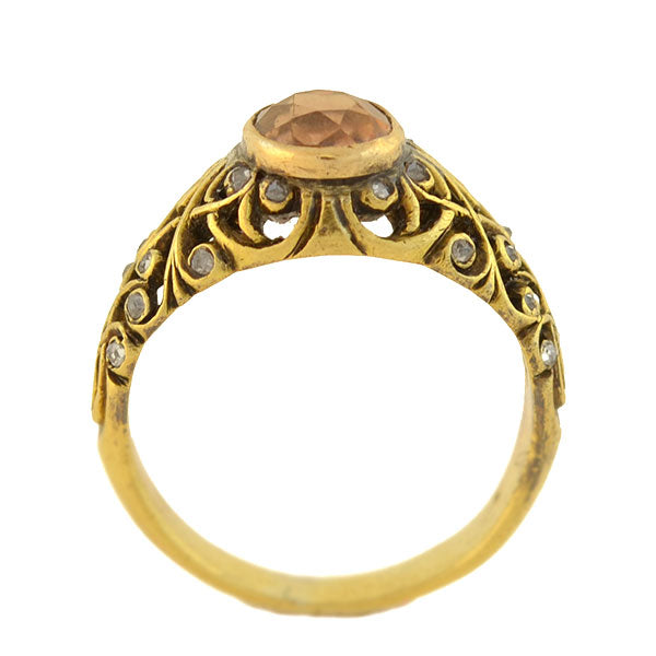 Art Nouveau Natural 18kt Zircon + Rose Cut Diamond Filigree Ring