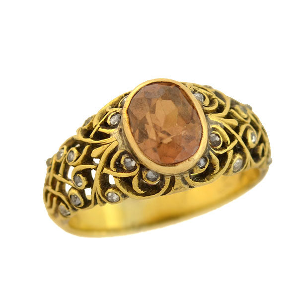 Art Nouveau Natural 18kt Zircon + Rose Cut Diamond Filigree Ring