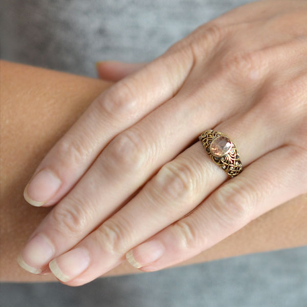 Art Nouveau Natural 18kt Zircon + Rose Cut Diamond Filigree Ring