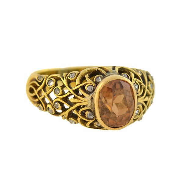 Art Nouveau Natural 18kt Zircon + Rose Cut Diamond Filigree Ring