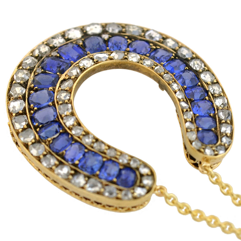 Victorian Large 18kt Sapphire + Rose Cut Diamond Horseshoe Pendant Necklace