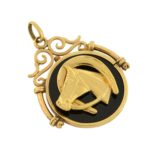 Victorian 14kt Onyx + Equestrian Horseshoe + Horse Head Fob