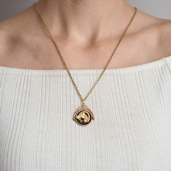 Victorian 14kt Onyx + Equestrian Horseshoe + Horse Head Fob