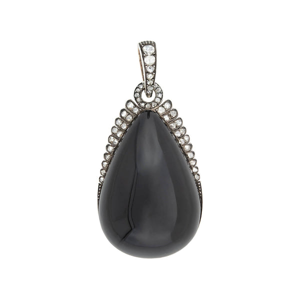 Victorian French 18kt/Sterling, Diamond + Onyx Day-to-Night Earrings/Locket Pendant Set