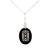 Art Deco 14k Onyx & Diamond Filigree Pendant Necklace