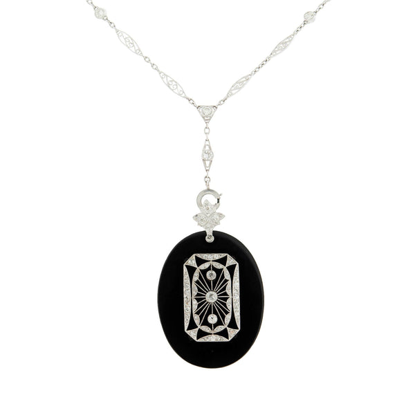 Art Deco 14k Onyx & Diamond Filigree Pendant Necklace