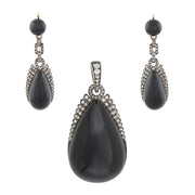 Victorian French 18kt/Sterling, Diamond + Onyx Day-to-Night Earrings/Locket Pendant Set