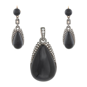 Victorian French 18kt/Sterling, Diamond + Onyx Day-to-Night Earrings/Locket Pendant Set