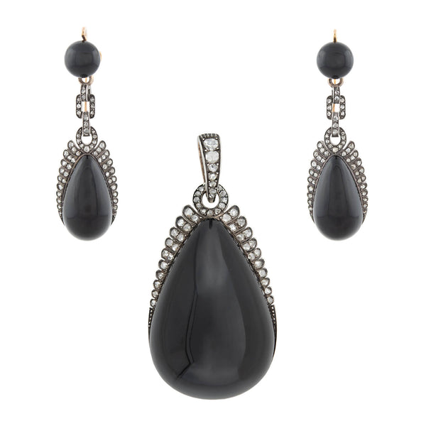 Victorian French 18kt/Sterling, Diamond + Onyx Day-to-Night Earrings/Locket Pendant Set