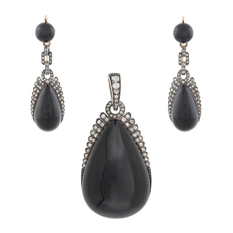 Victorian French 18kt/Sterling, Diamond + Onyx Day-to-Night Earrings/Locket Pendant Set