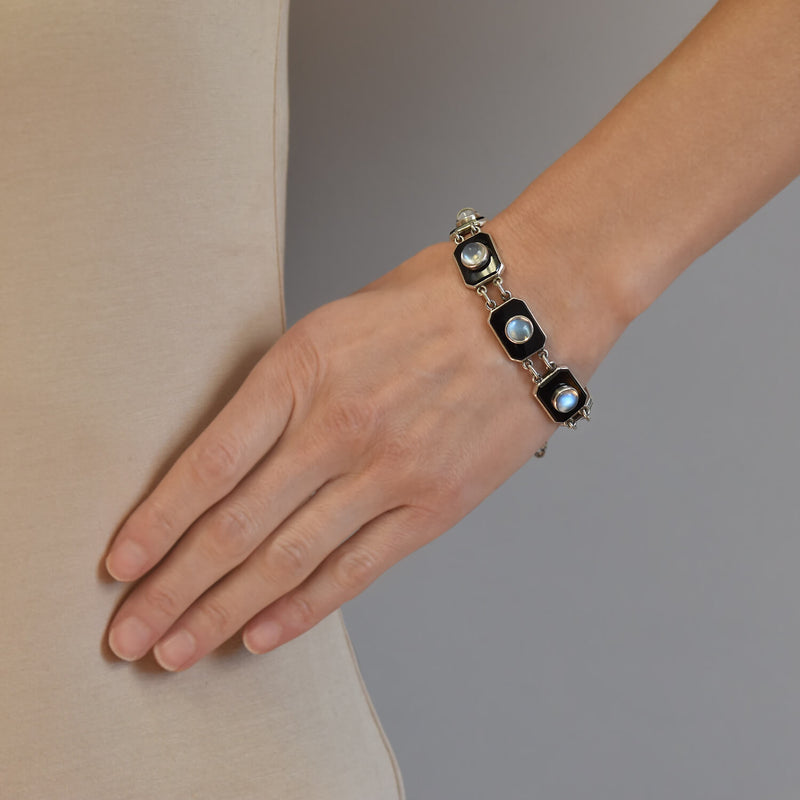 POTTER & MELLEN Art Deco Sterling Silver Onyx + Moonstone Link Bracelet