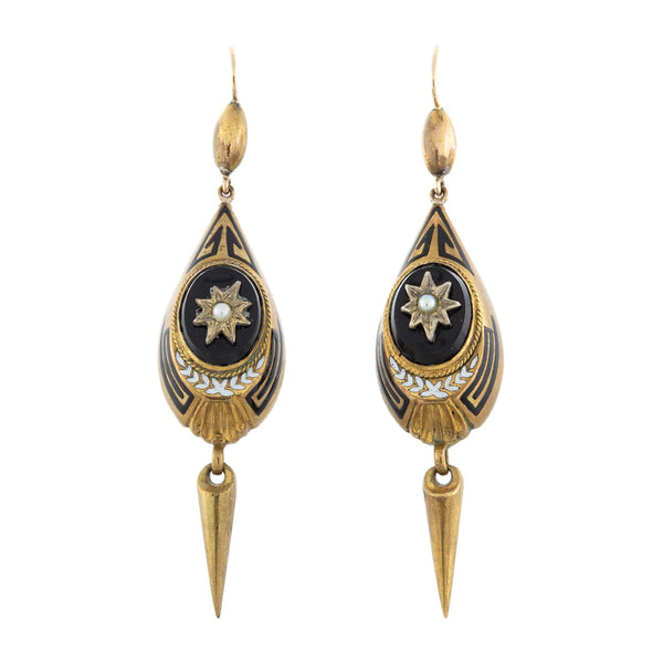 Victorian 9kt, Onyx + Pearl Dangle Earrings