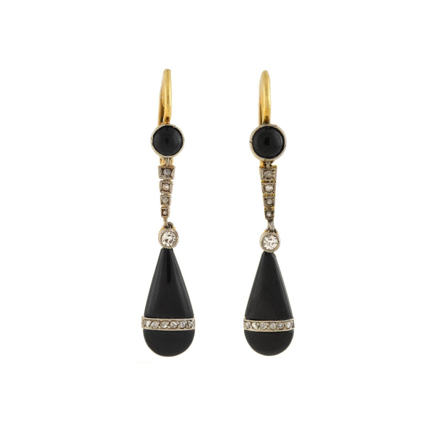 Edwardian 18kt/Platinum Diamond + Onyx Teardrop Earrings