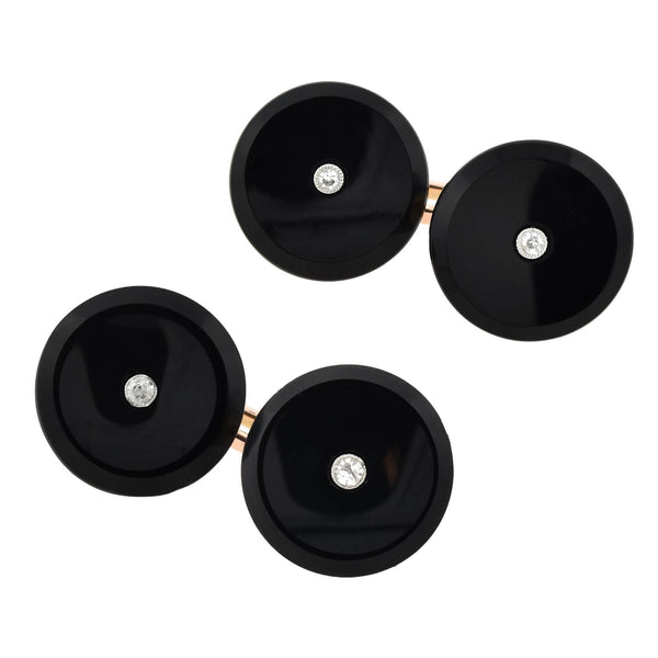 Art Deco 18kt Gold Onyx + Diamond Double-Sided Cufflinks