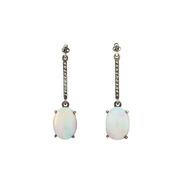 Late Victorian Sterling, Opal + Marcasite Dangle Earrings