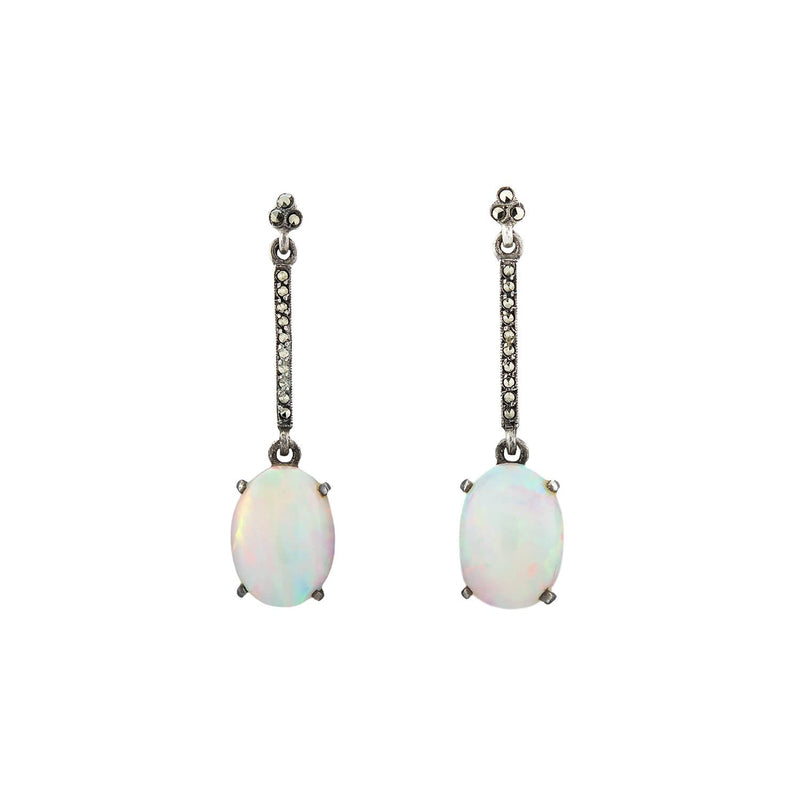 Late Victorian Sterling, Opal + Marcasite Dangle Earrings