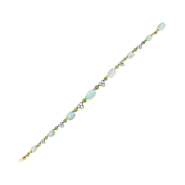 Art Nouveau 18kt/Sterling Opal, Diamond + Demantoid Garnet Bracelet