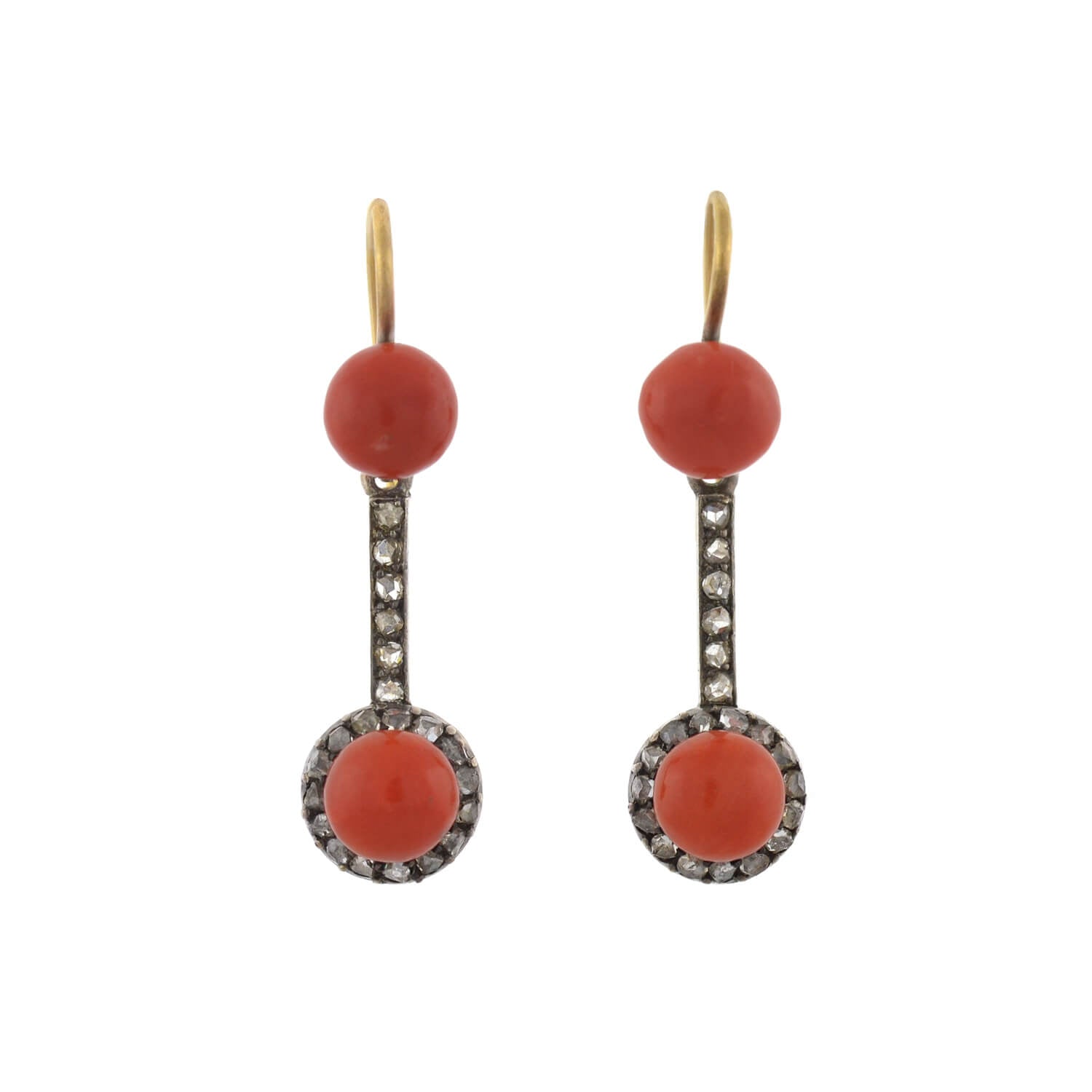 Victorian 15kt/Sterling Natural Coral + Rose Cut Diamond Earrings