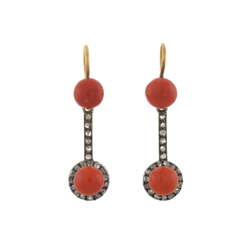 Victorian 15kt/Sterling Natural Coral + Rose Cut Diamond Earrings