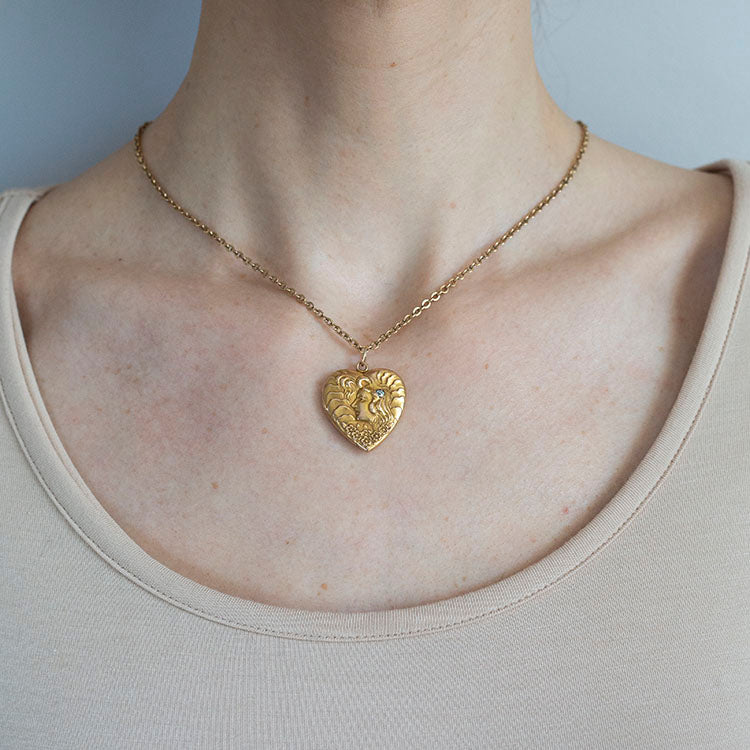 Art Nouveau 14kt Gold Diamond + Repousse Heart Locket