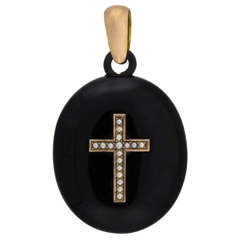 Victorian Large 10kt Onyx + Seed Pearl Cross Locket Pendant
