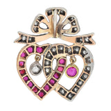 Victorian 14kt/Sterling Ruby + Diamond Double Heart Pendant