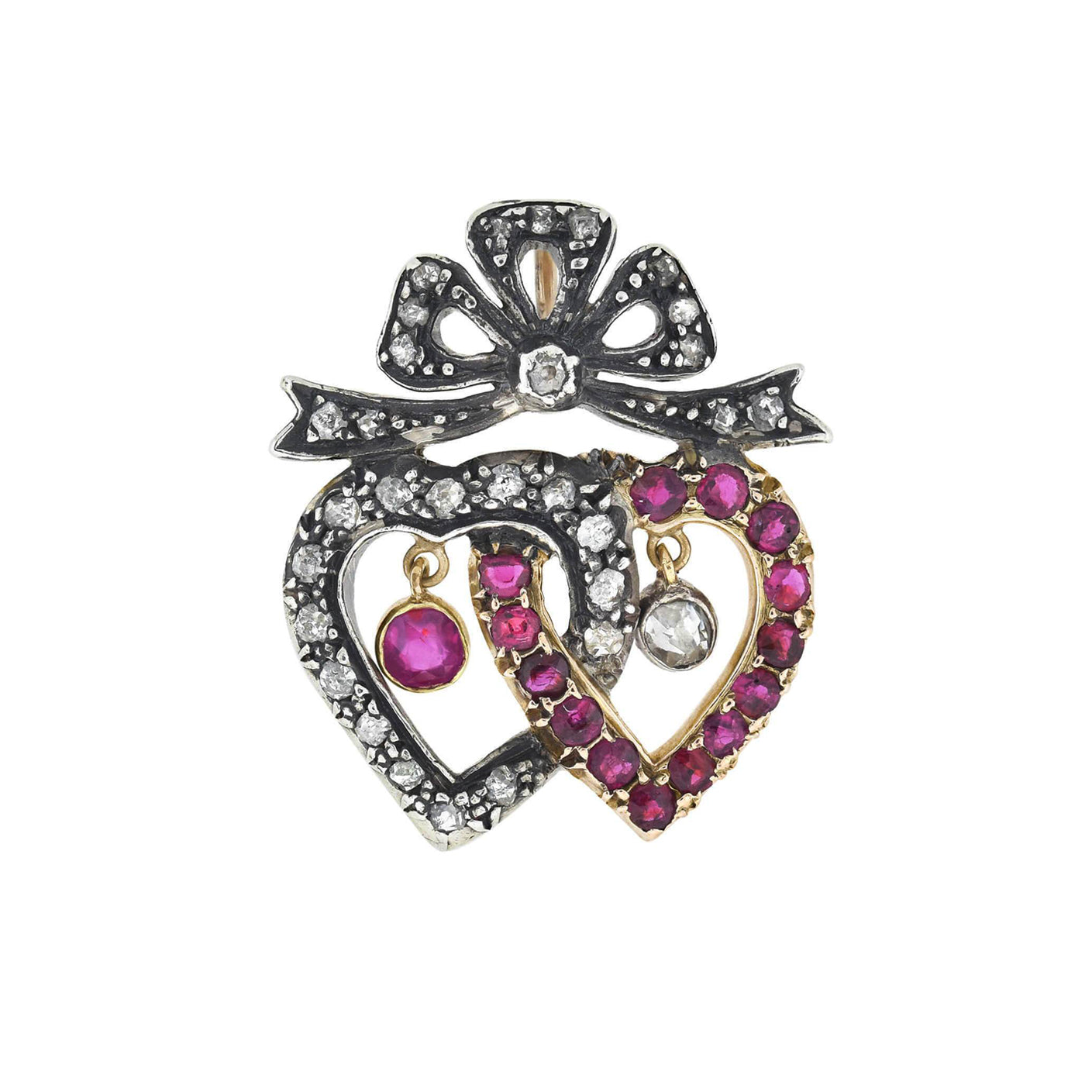 Victorian 14kt/Sterling Ruby + Diamond Double Heart Pendant