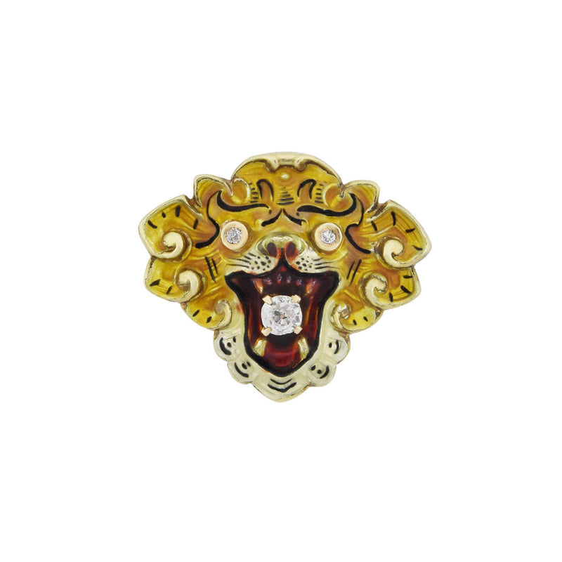 Victorian 14kt Diamond + Enameled Lion Pendant 0.25ctw