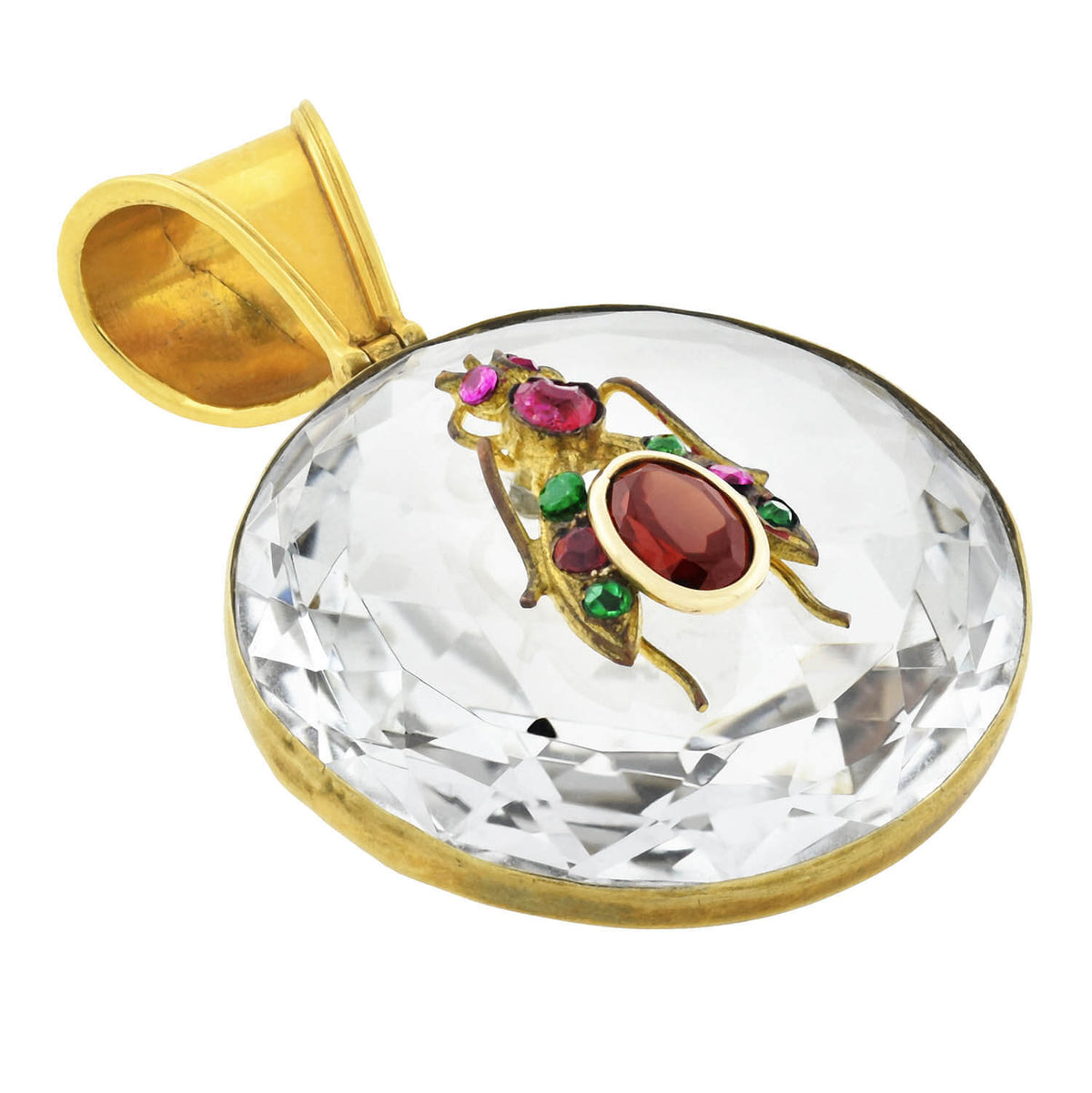 Victorian Rock Crystal, Ruby, Garnet + Emerald Insect Pendant