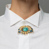 Art Deco Large 18kt/Sterling Plique-a-jour, Turquoise, Diamond + Pearl Pin