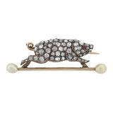 Victorian 14kt & Silver Diamond & Pearl Potbelly Pig Pin .65ctw