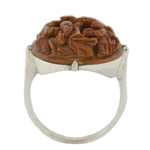 Art Deco Chinese Sterling & Hand Carved Peach Pit Ring