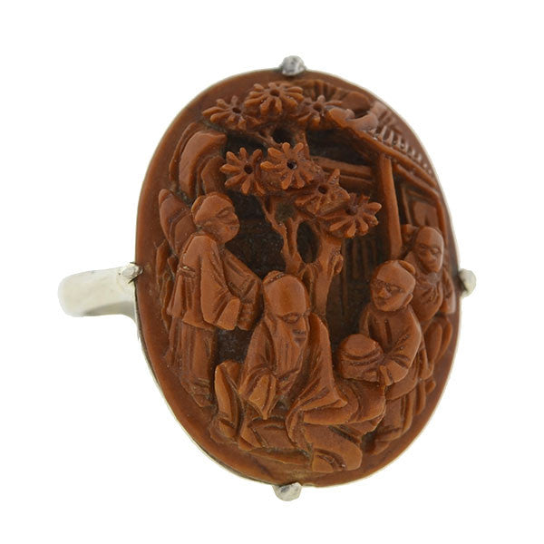 Art Deco Chinese Sterling & Hand Carved Peach Pit Ring
