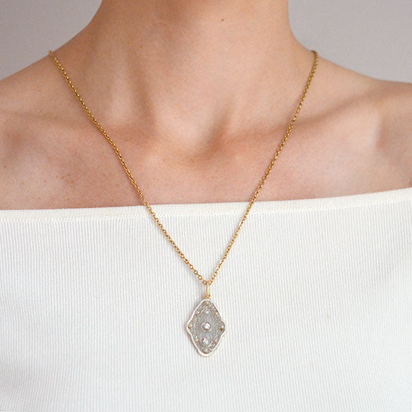 Edwardian Pearl, Diamond & Enamel Filigree Pendant